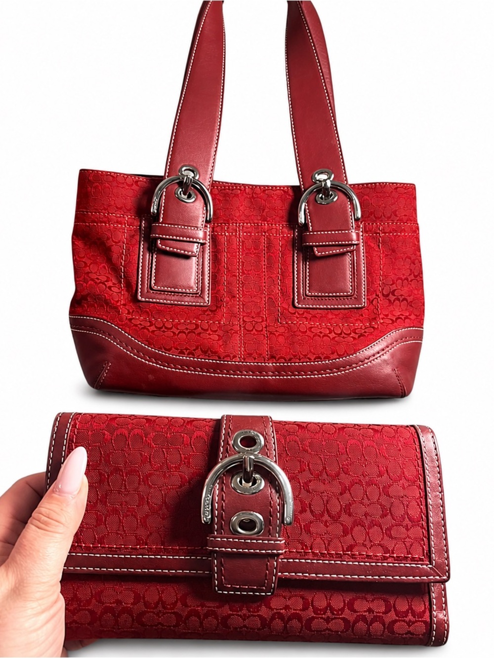 Coach Red Signature Soho Tote and Wallet Set